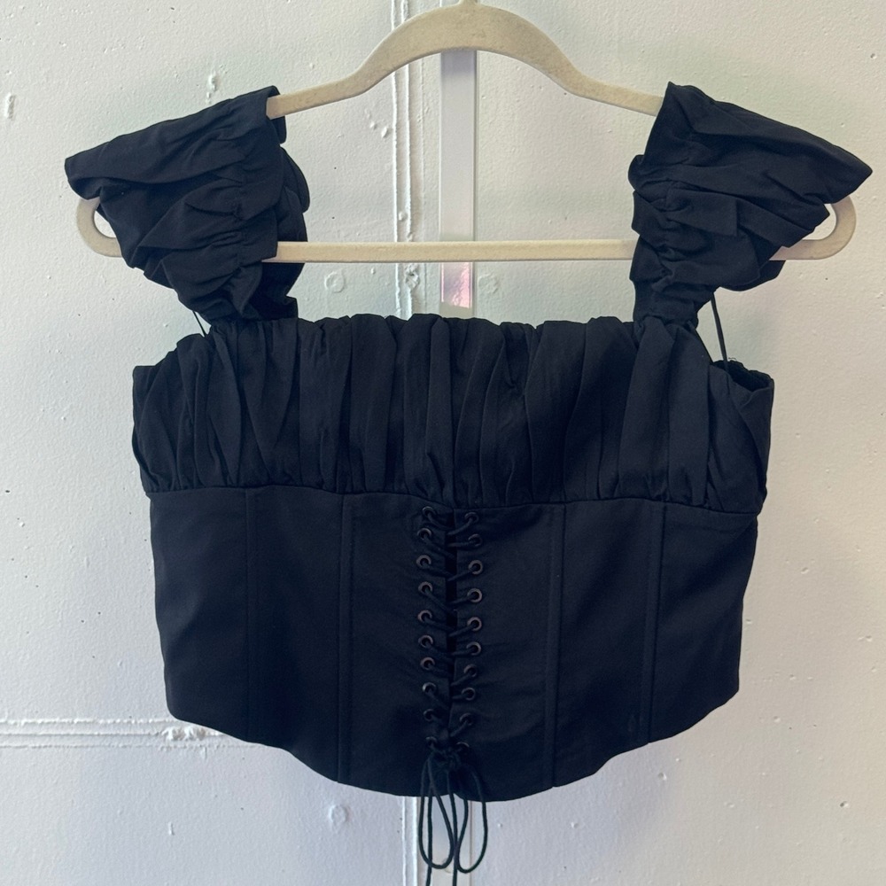 Princess Polly‎ Black Lace Up Corset Crop Top Ruffle Sleeve Milkmaid US 6